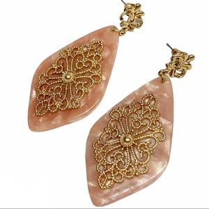 pink lucite acrylic and gold filigree Diamond shape drop earrings